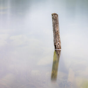 Holzpfahl in einem See.