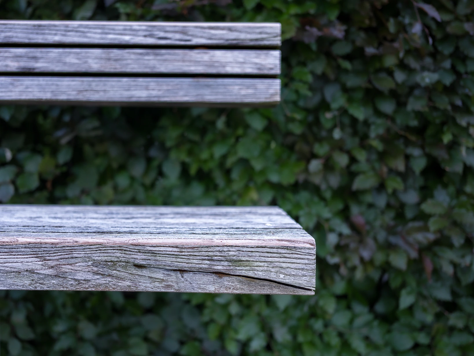 Minimalistisch fotografieren durch Nähe – Detailaufnahme einer Holzbank, Hintergrund durch offene Blende weich gelöst