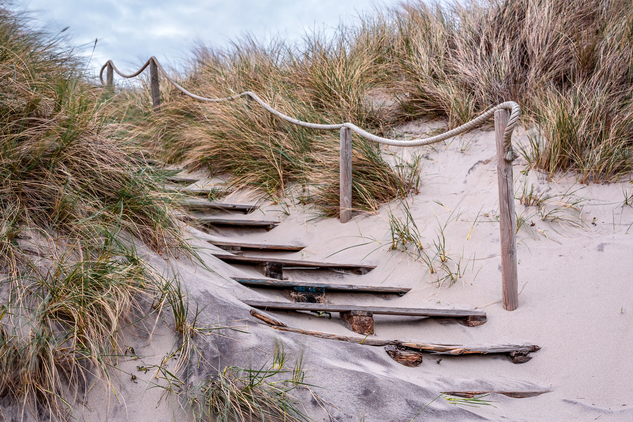 Holztreppe in den Dünen – diagonale Linien führen den Blick in der Bildkomposition